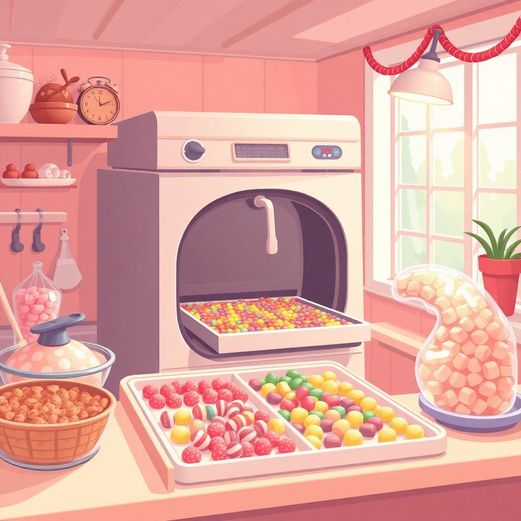 Family candy kitchen with a freeze dryer and trays of colorful candy