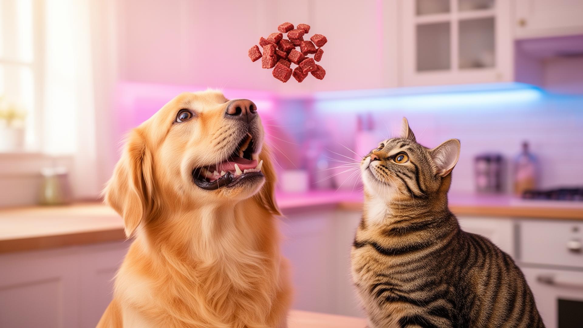 A happy dog and cat eagerly waiting for freeze-dried treats